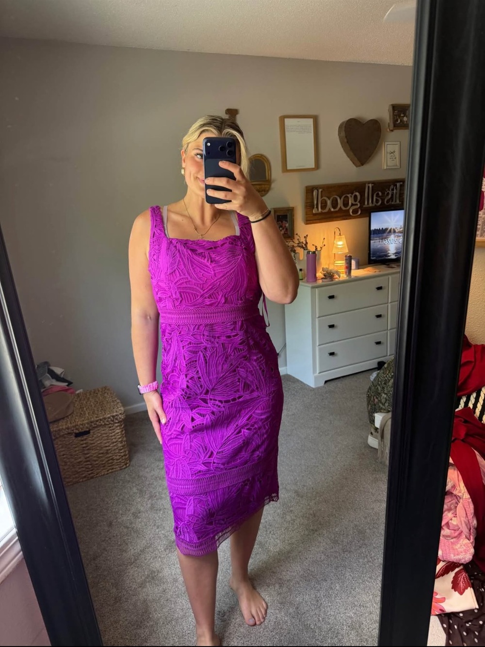 ANTONIO MELANI Fuchsia Lace Midi Sheath Dress